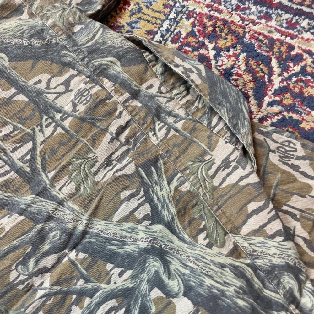 VTG 80s 90s NRA Gun Bark Camouflage Short Sleeve Button Up Shirt XL USA Hunting - Picture 8 of 9